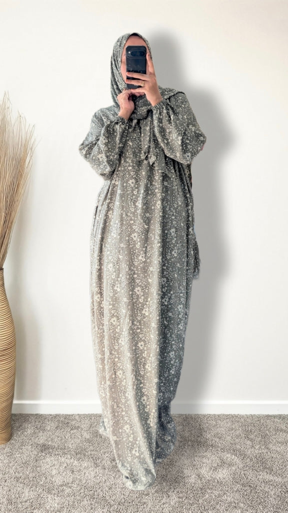 Modest Prayer Abaya With Hijab | Dusty Green Botanical Print