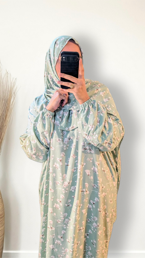 Abaya de prière modeste avec hijab | Imprimé rose sauge