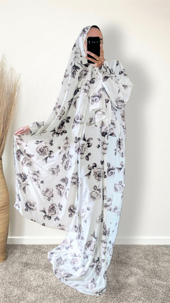 Modest Prayer Abaya With Hijab | White & Brown Rose