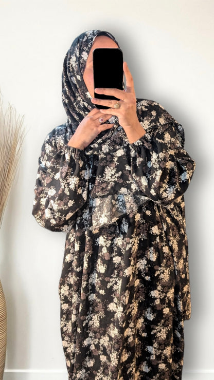 Abaya de prière modeste avec Hijab | Imprimé Floral Noir