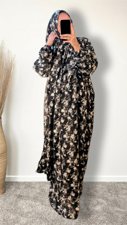 Abaya de prière modeste avec Hijab | Imprimé Floral Noir