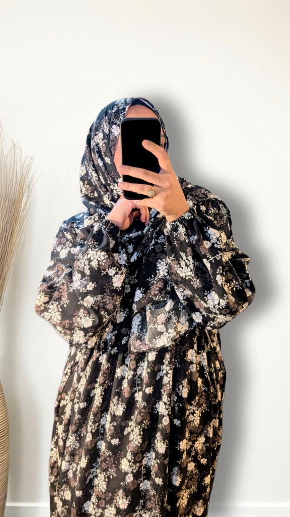Abaya de prière modeste avec Hijab | Imprimé Floral Noir