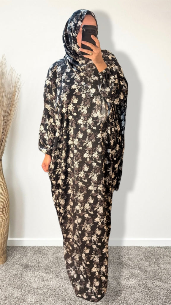 Abaya de prière modeste avec Hijab | Imprimé Floral Noir