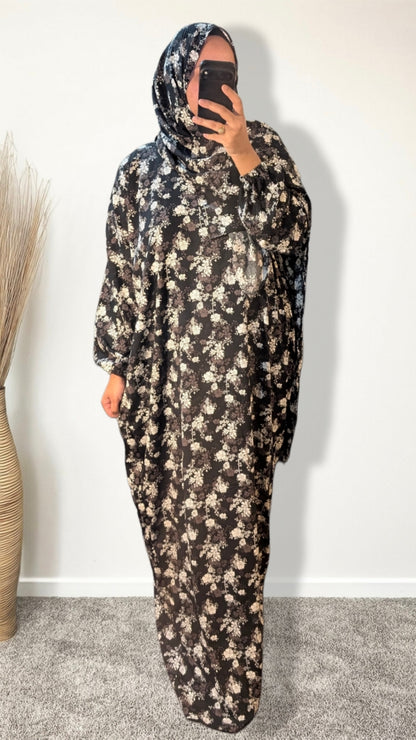 Abaya de prière modeste avec Hijab | Imprimé Floral Noir
