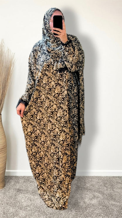 Abaya de prière modeste avec hijab | Noir fleuri vintage