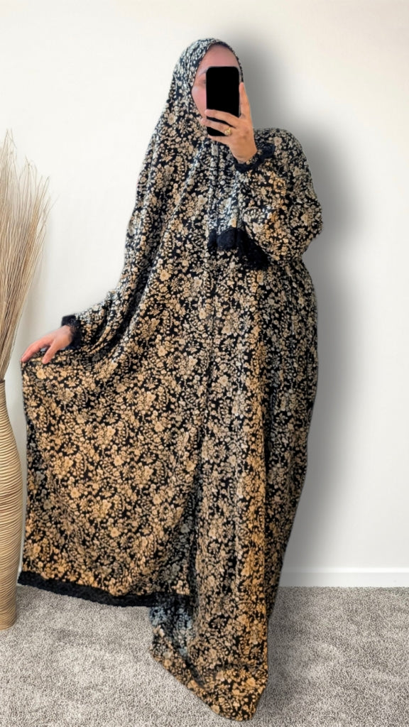 Abaya de prière modeste avec hijab | Noir fleuri vintage