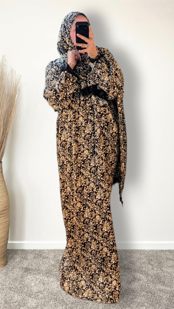 Abaya de prière modeste avec hijab | Noir fleuri vintage