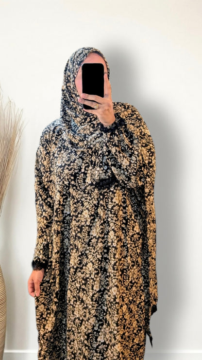 Abaya de prière modeste avec hijab | Noir fleuri vintage