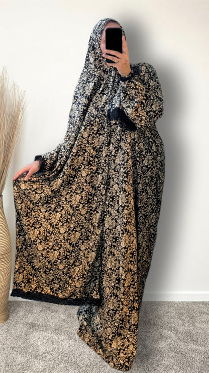 Abaya de prière modeste avec hijab | Noir fleuri vintage