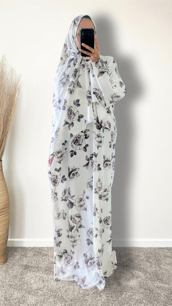Modest Prayer Abaya With Hijab | White & Brown Rose