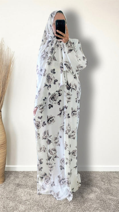 Modest Prayer Abaya With Hijab | White & Brown Rose