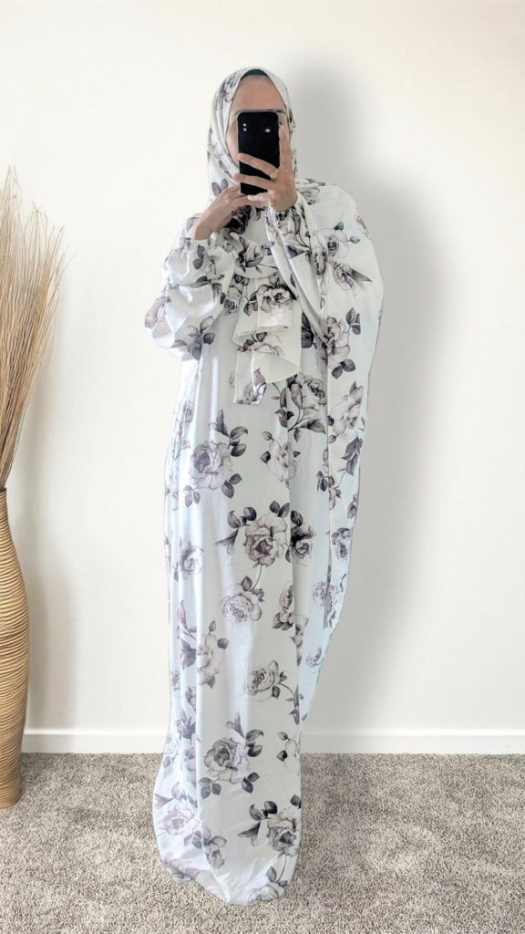 Modest Prayer Abaya With Hijab | White & Brown Rose