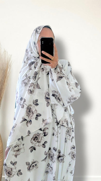 Modest Prayer Abaya With Hijab | White & Brown Rose