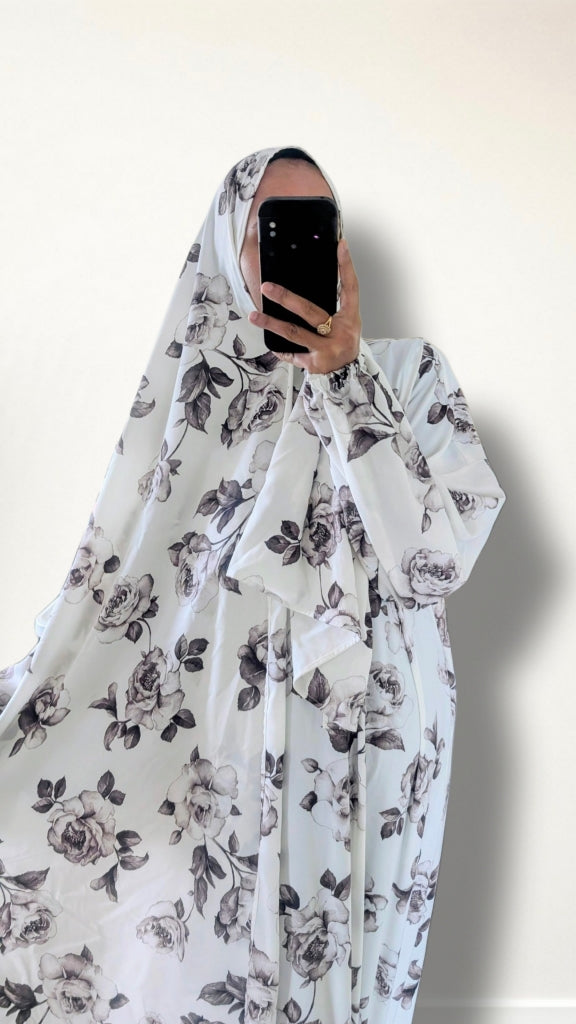 Modest Prayer Abaya With Hijab | White & Brown Rose