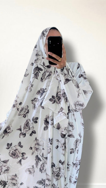 Modest Prayer Abaya With Hijab | White & Brown Rose