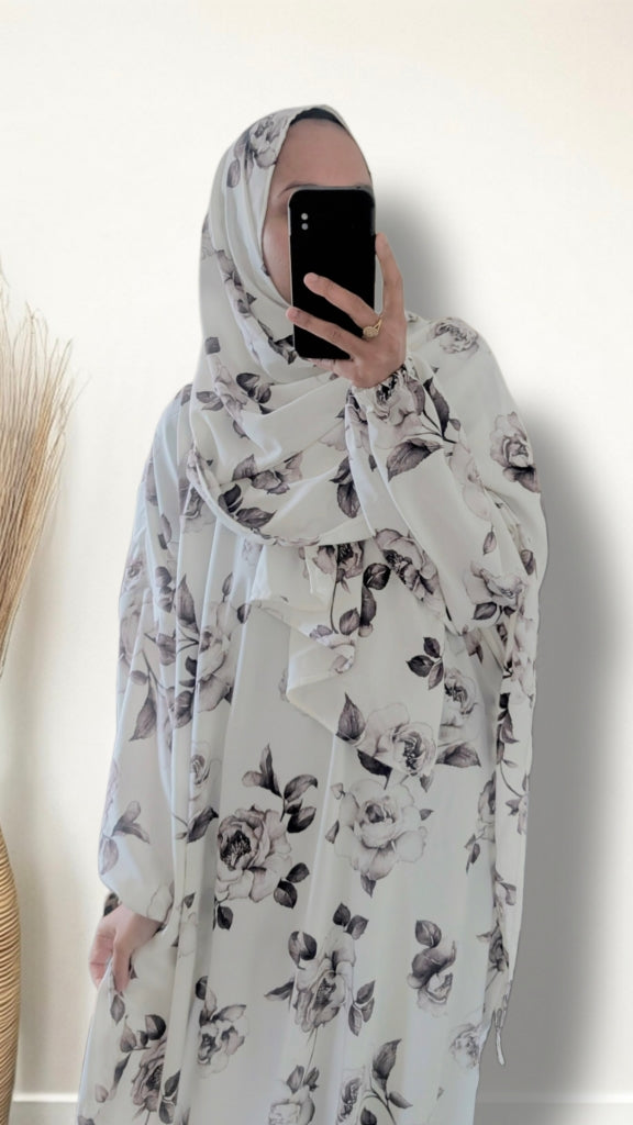 Modest Prayer Abaya With Hijab | White & Brown Rose