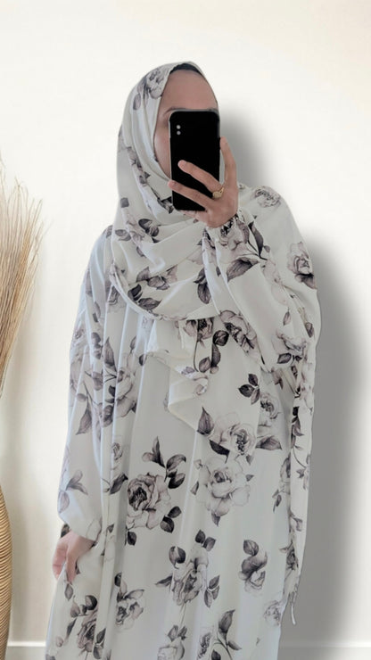 Modest Prayer Abaya With Hijab | White & Brown Rose