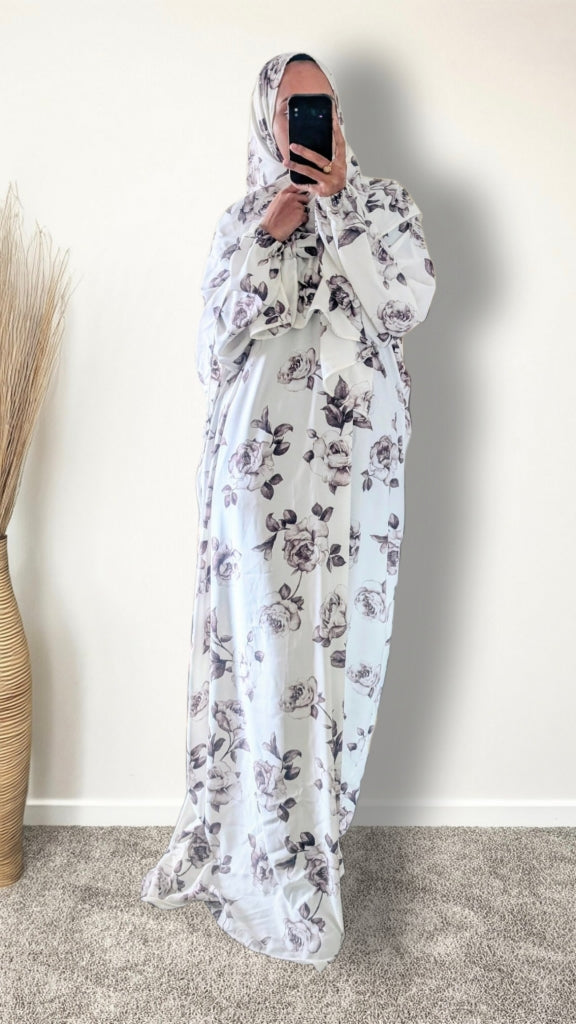Modest Prayer Abaya With Hijab | White & Brown Rose