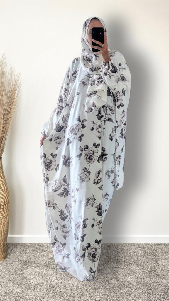 Modest Prayer Abaya With Hijab | White & Brown Rose