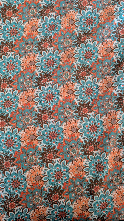 A close-up of a fabric or wallpaper pattern featuring repeating floral medallions in teal blue, coral orange, dark brown, and off-white.