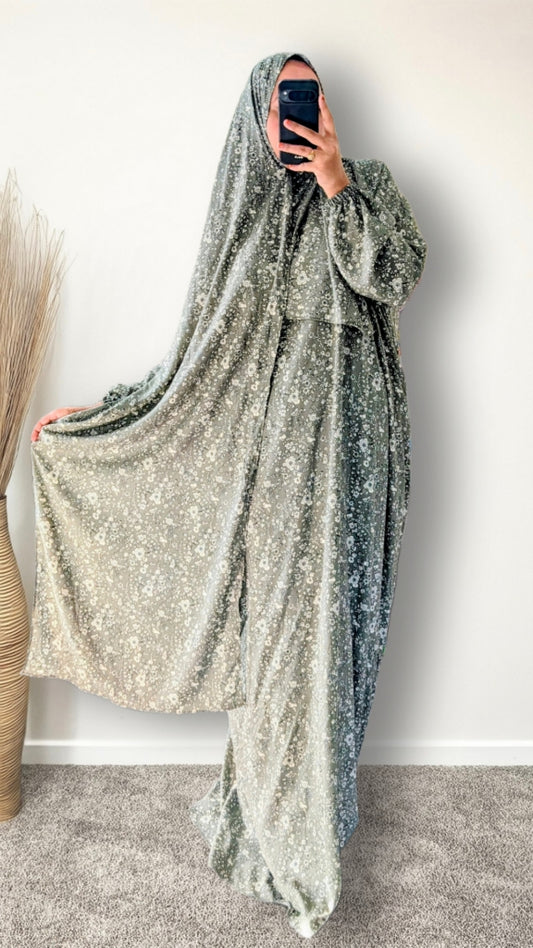 Modest Prayer Abaya With Hijab | Dusty Green Botanical Print