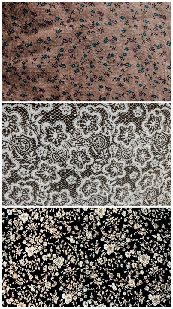Three fabric patterns displayed vertically alight brown small floral print, a white lace floral design on dark brown fabric and a black fabric with beige white floral motif 