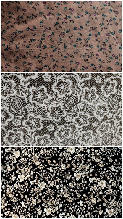 Three fabric patterns displayed vertically alight brown small floral print, a white lace floral design on dark brown fabric and a black fabric with beige white floral motif 