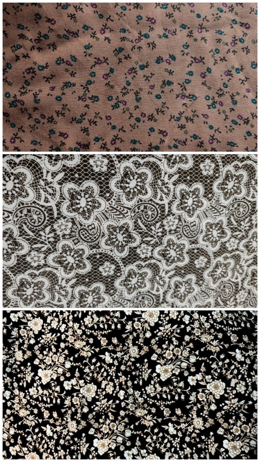 Three fabric patterns displayed vertically alight brown small floral print, a white lace floral design on dark brown fabric and a black fabric with beige white floral motif 