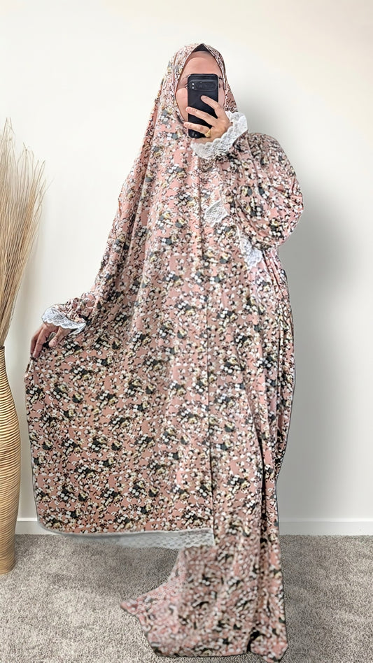 Modest Prayer Abaya With Hijab | Floral Pink