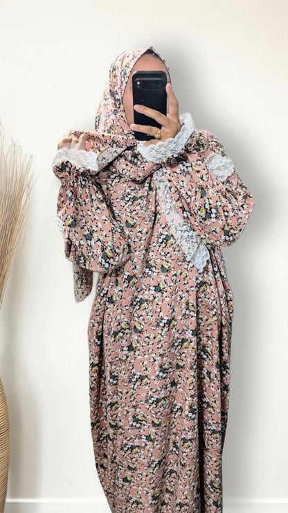 Modest Prayer Abaya With Hijab | Floral Pink