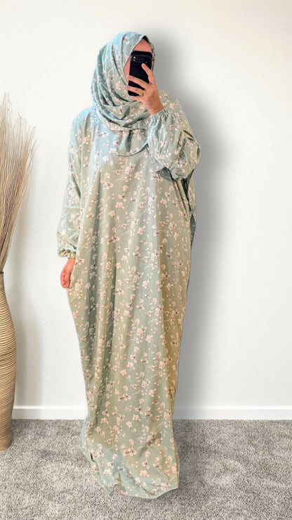 Abaya de prière modeste avec hijab | Imprimé rose sauge