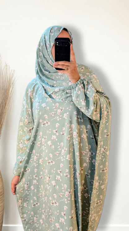 Abaya de prière modeste avec hijab | Imprimé rose sauge