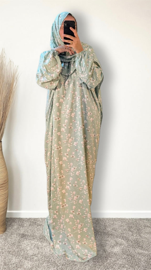 Abaya de prière modeste avec hijab | Imprimé rose sauge