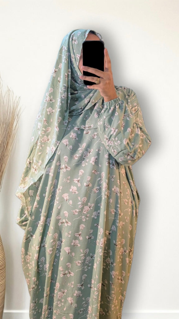 Abaya de prière modeste avec hijab | Imprimé rose sauge
