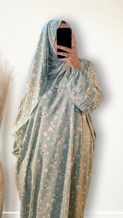 Abaya de prière modeste avec hijab | Imprimé rose sauge