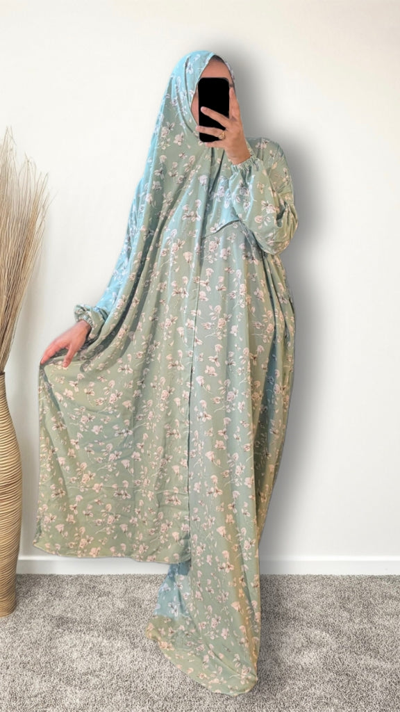 Abaya de prière modeste avec hijab | Imprimé rose sauge