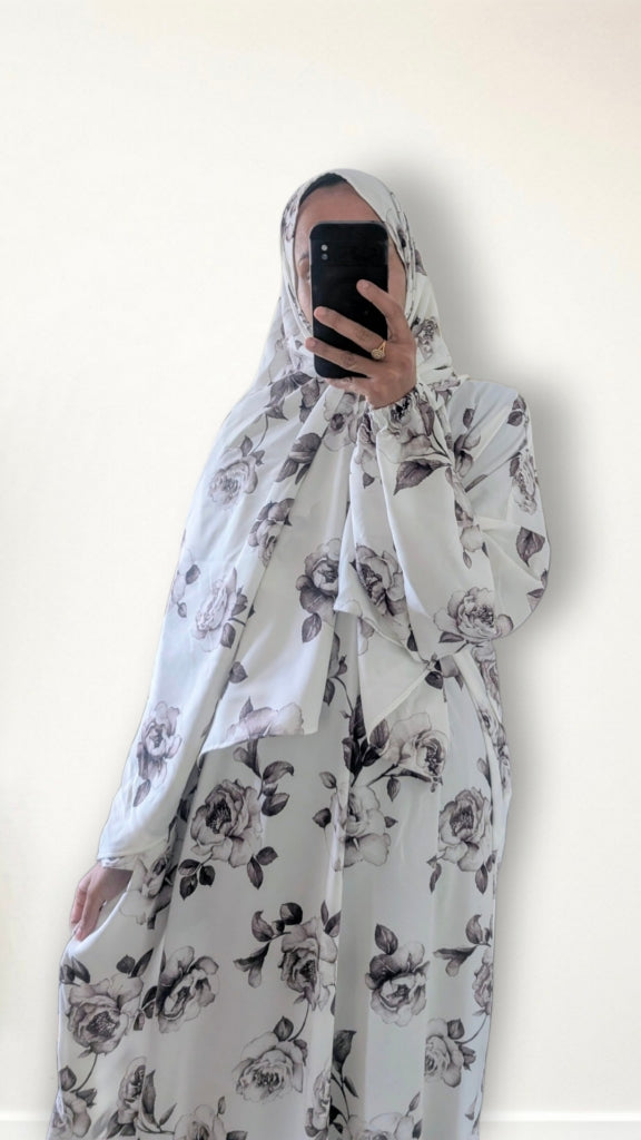 Modest Prayer Abaya With Hijab | White & Brown Rose