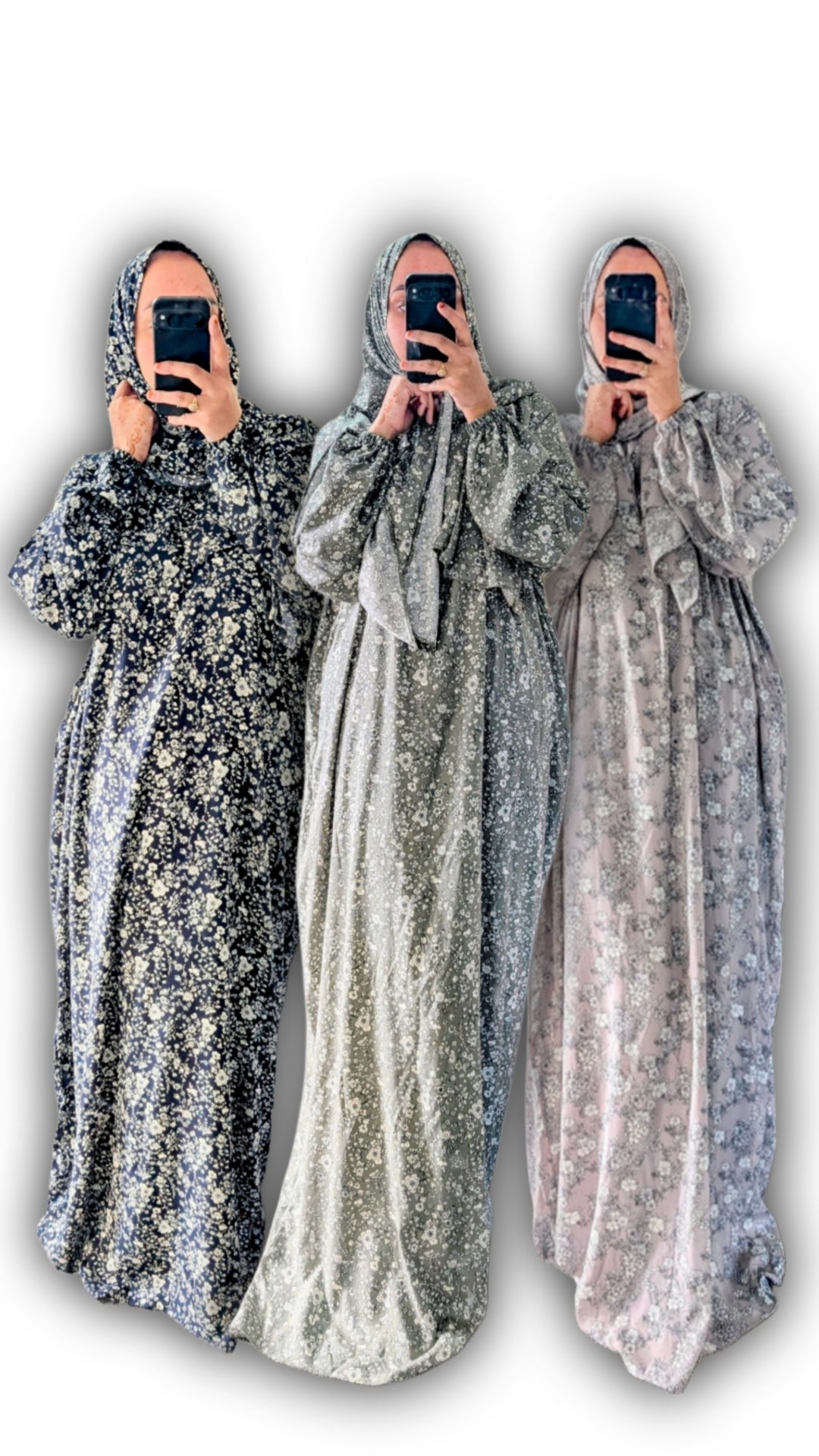 Three identical  abay floral botanical print withc matching hijab in different colors held by a person against a white background
